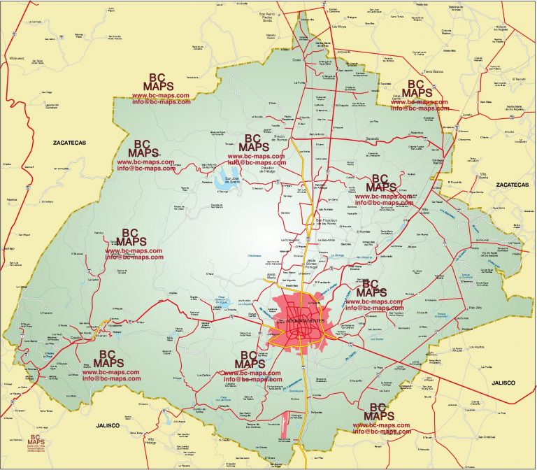 Aguascalientes mapa politico y carreteras en Illustrator | Bc Maps mapa ...