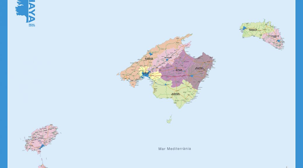 Mapa vectorial municipios de Baleares illustrator eps con carreteras