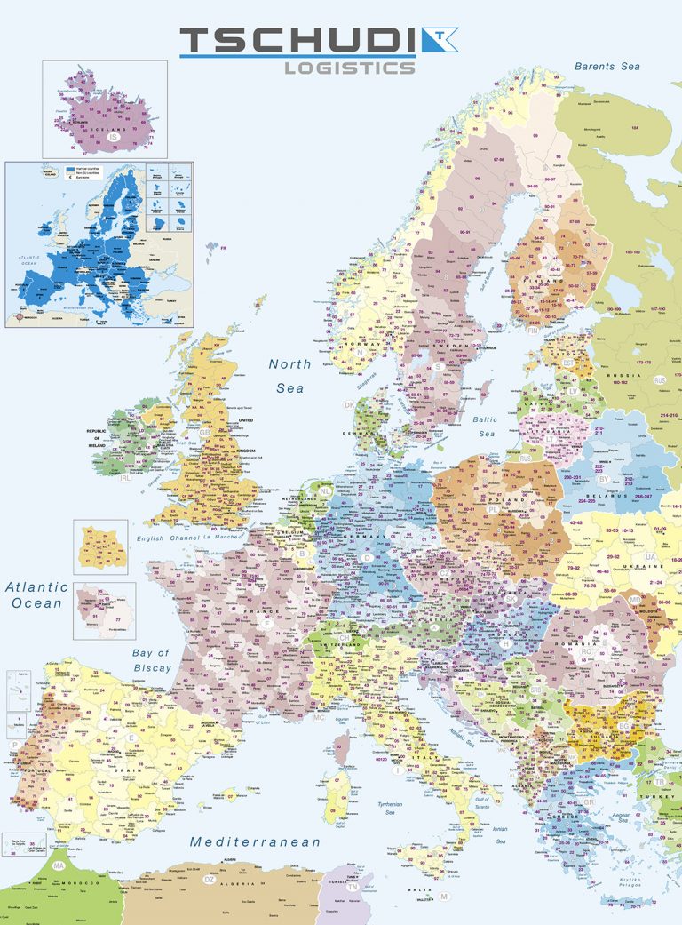 Mapa Europa códigos postales Tschudi logistics | Bc Maps mapa vectorial eps