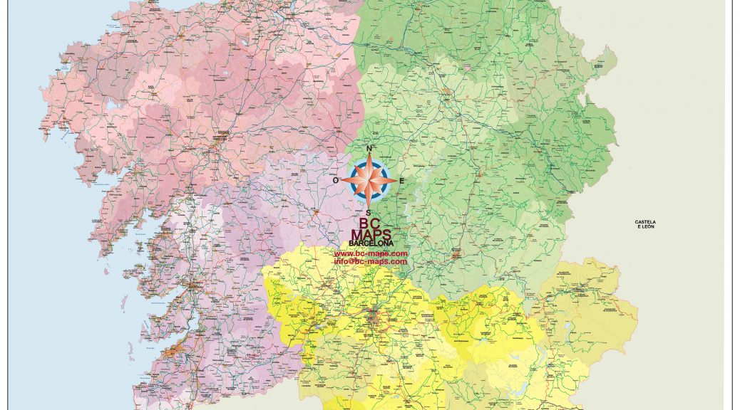 Mapa vectorial illustrator eps mural Galicia Concellos comarcas estradas