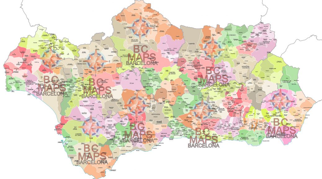 Mapa vectorial illustrator eps municipios y comarcas de Andalucia