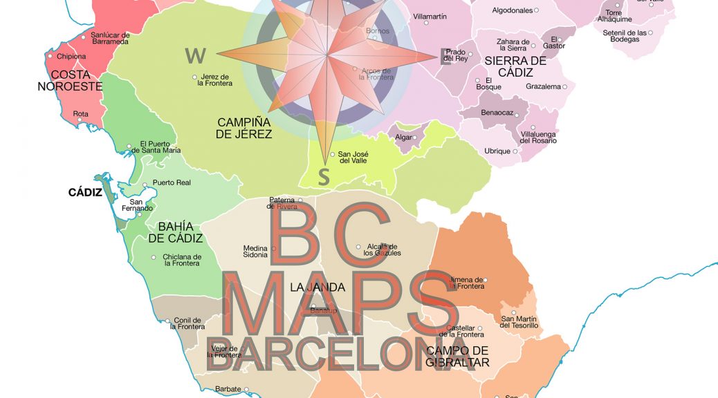 Mapa vectorial illustrator eps municipios y comarcas de la provincia de Cádiz