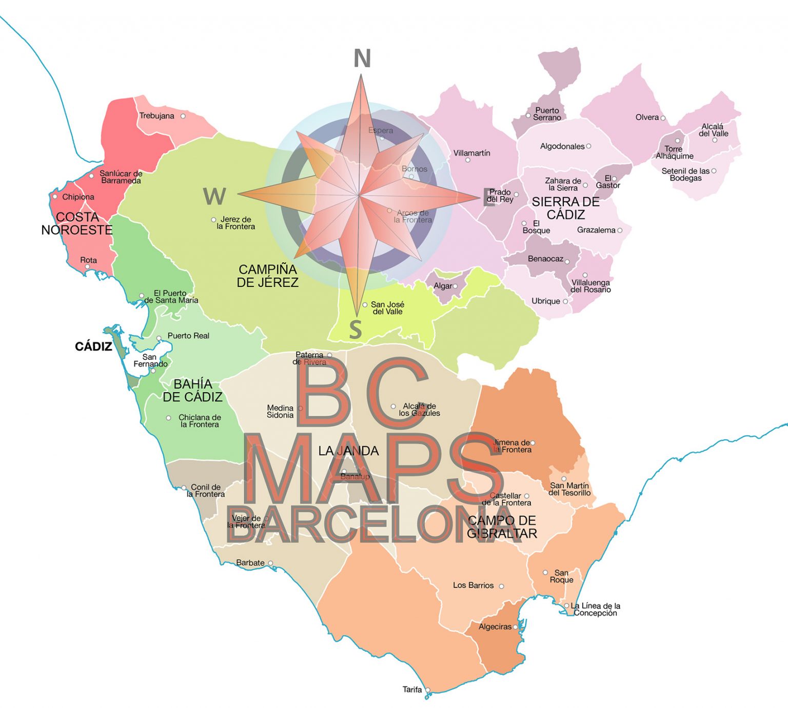 Municipios y comarcas de la provincia de Cádiz mapa vectorial ...