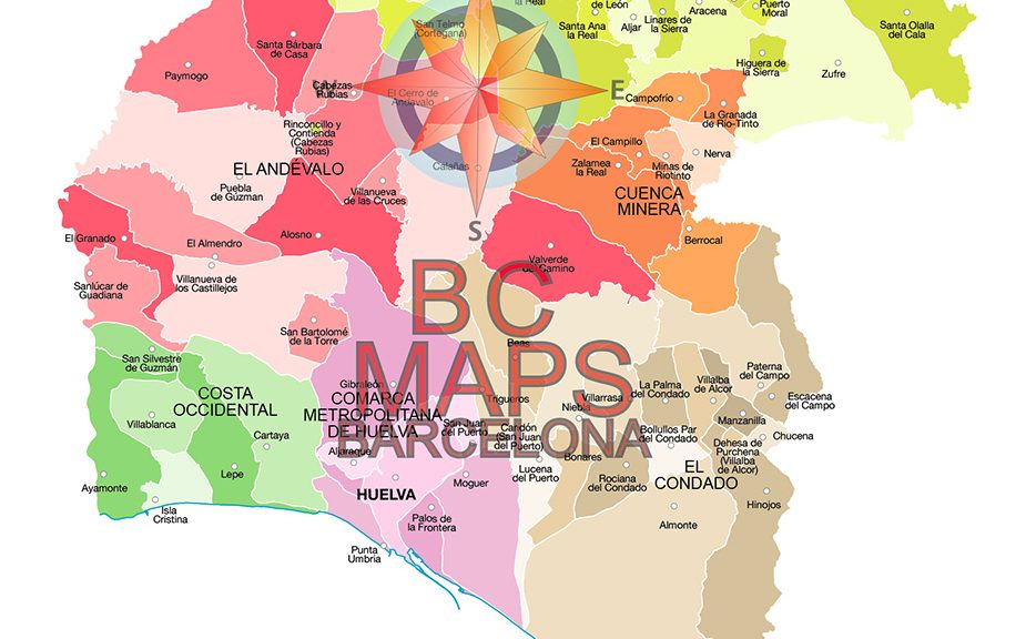 Mapa vectorial illustrator eps municipios comarcas de la provincia de Huelva