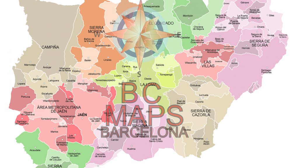 Mapa vectorial illustrator eps municipios y comarcas de la provincia de Jaén