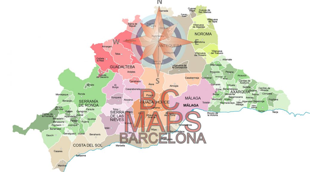 Mapa vectorial illustrator eps municipios y comarcas de la provincia de Málaga