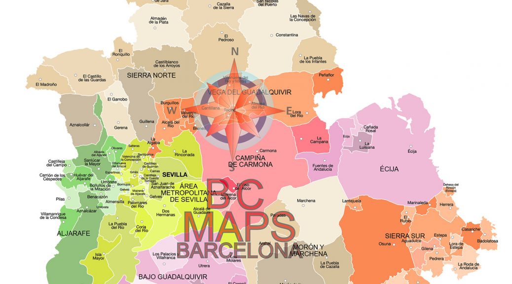 Mapa vectorial illustrator eps municipios y comarcas de la provincia de Sevilla