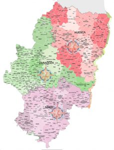Mapa de municipios y comarcas de Aragon, formato vectorial illustrator eps