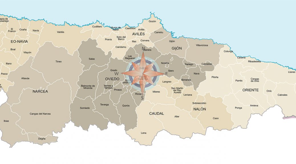 Mapa de municipios y comarcas de Asturias formato vectorial illustrator eps