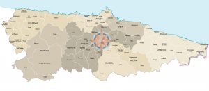 Mapa de municipios y comarcas de Asturias formato vectorial illustrator eps