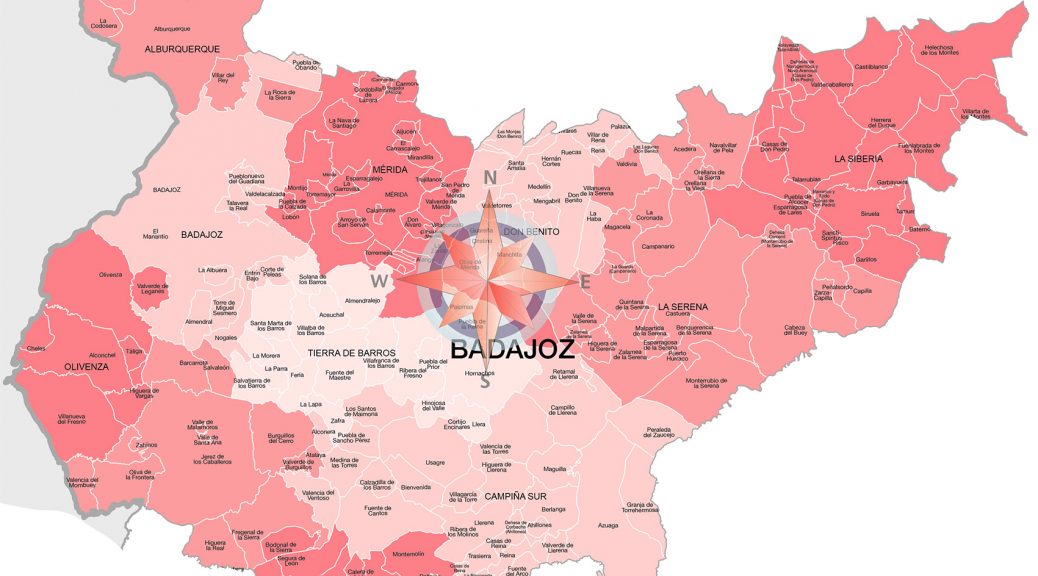 Mapa de municipios y comarcas de Badajoz formato vectorial illustrator eps