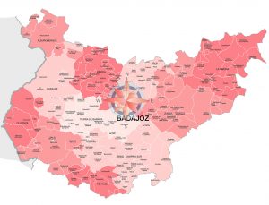 Mapa de municipios y comarcas de Badajoz formato vectorial illustrator eps