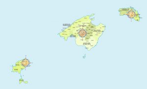 Mapa de municipios y comarcas de Baleares formato vectorial illustrator eps