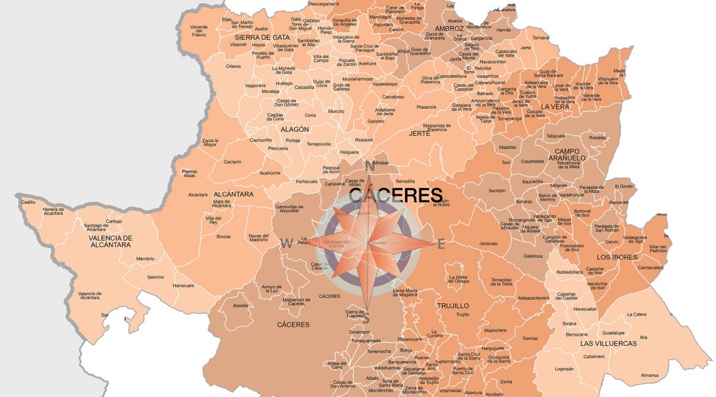 Mapa de municipios y comarcas de Cáceres formato vectorial