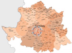 Mapa de municipios y comarcas de Cáceres formato vectorial 