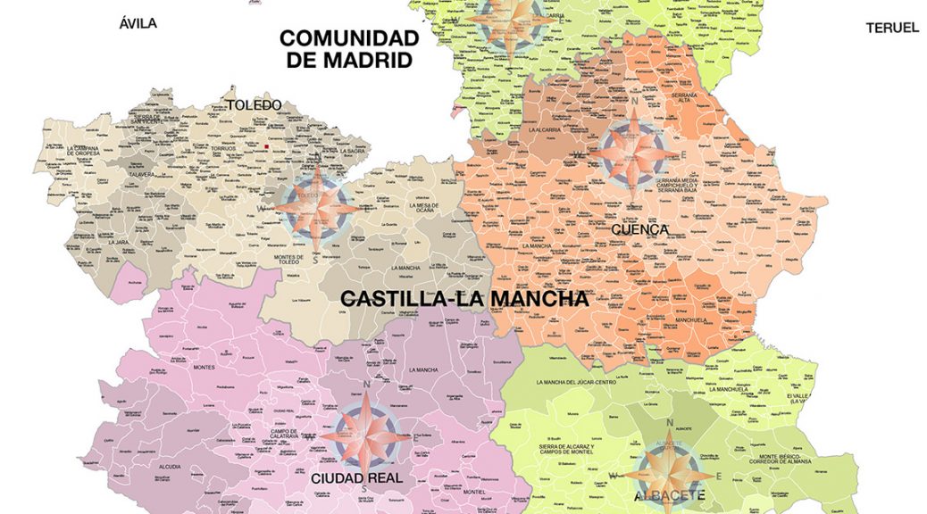 Mapa de municipios y comarcas de Castilla-La Mancha formato vectorial illustrator eps