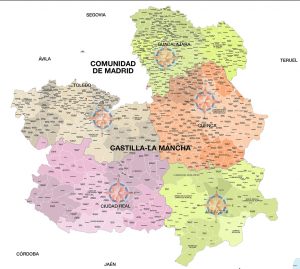 Mapa de municipios y comarcas de Castilla-La Mancha formato vectorial illustrator eps