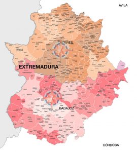 Mapa de municipios y comarcas de Extremadura formato vectorial illustrator eps