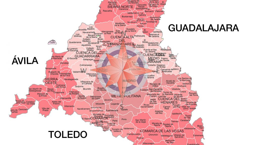 Mapa de municipios y comarcas de la Comunidad de Madrid formato vectorial illustrator eps