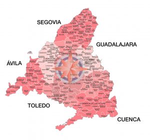 Mapa de municipios y comarcas de la Comunidad de Madrid formato vectorial illustrator eps