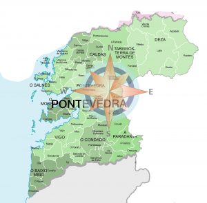 Mapa de municipios y comarcas de Pontevedra formato vectorial editable