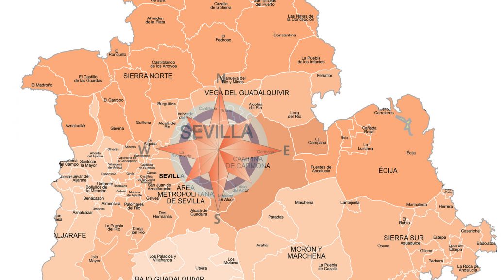 Mapa de municipios y comarcas de Sevilla formato vectorial editable