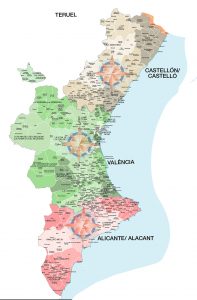 Mapa mural de municipios y comarcas de la Comunidad Valenciana Mapa mural de municipios y comarcas de la Comunidad Valenciana
