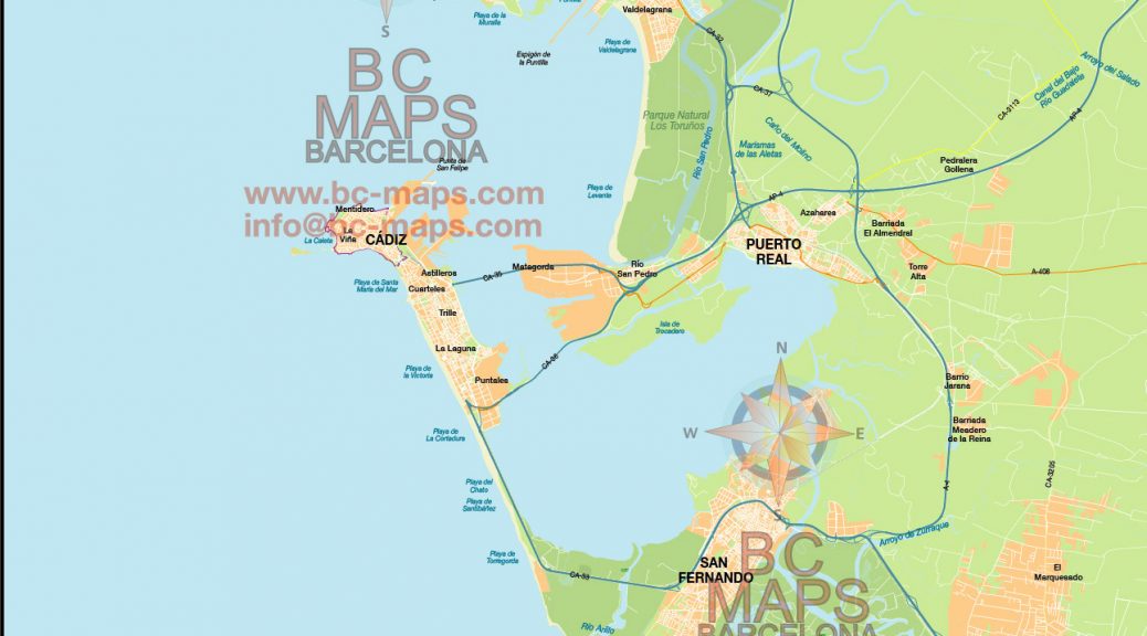 Mapa vectorial editable illustrator Eps Bahía de Cádiz