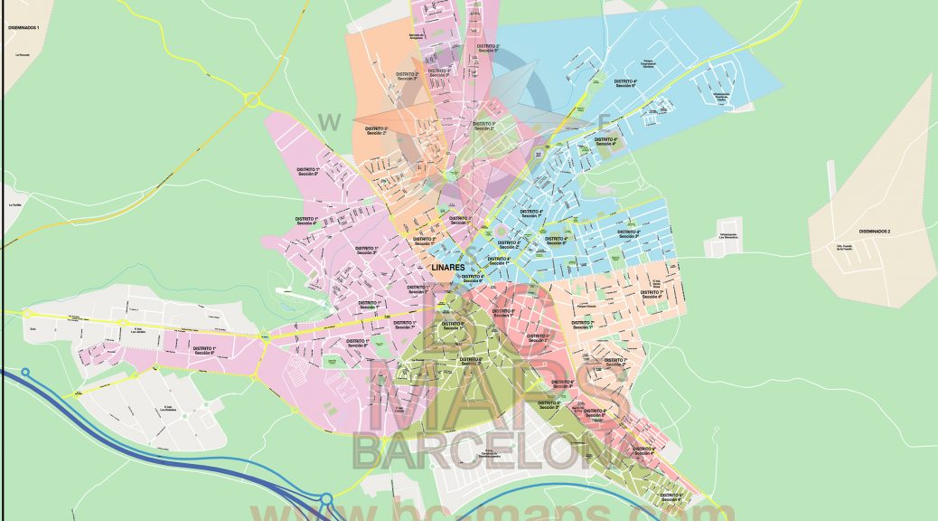 Mapa vectorial illustrator eps ciudad Linares distritos