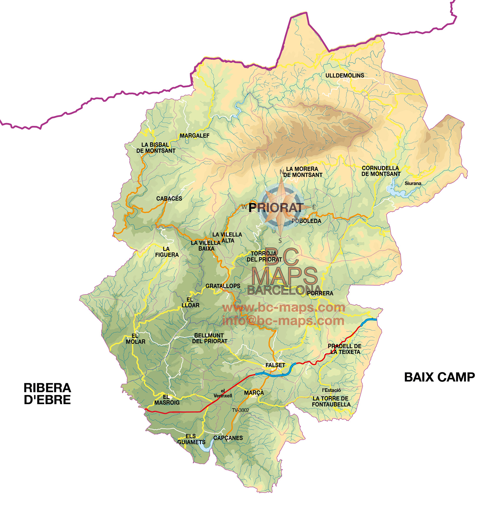 Mapa vectorial de la Comarca del Priorat illustrator eps ai